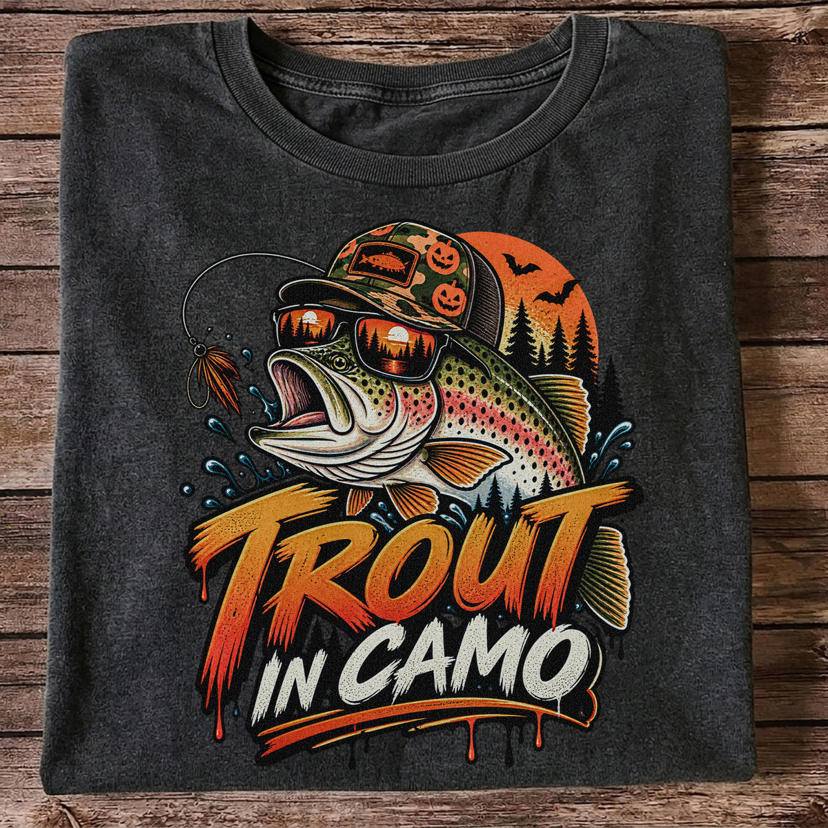 Trout in Camo Halloween Rainbow Trout Fishing Graphic T-Shirt