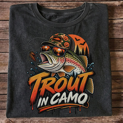 Trout in Camo Halloween Rainbow Trout Fishing Graphic T-Shirt