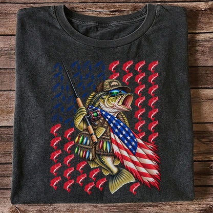 Patriotic Bass Fishing Graphic T-Shirt with American Flag Design