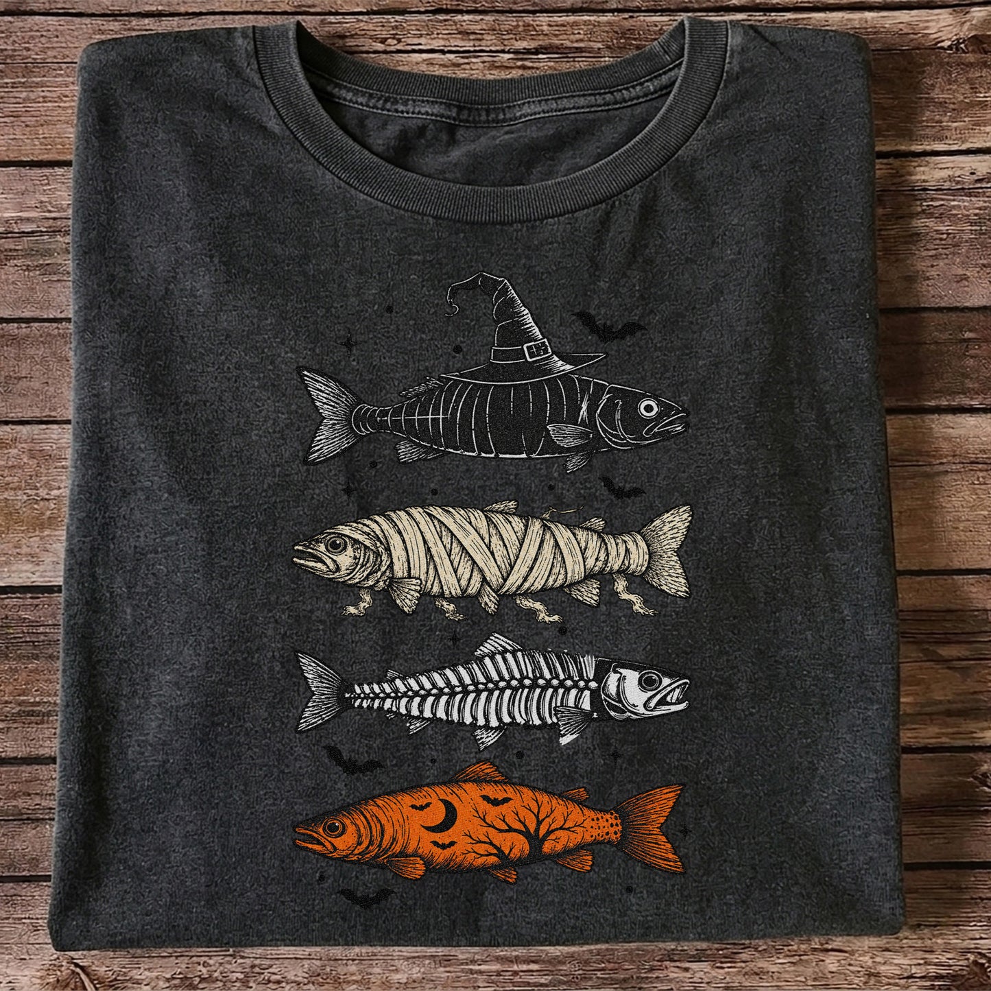 Halloween Witch Mummy Skeleton and Pumpkin Fish Graphic T-Shirt