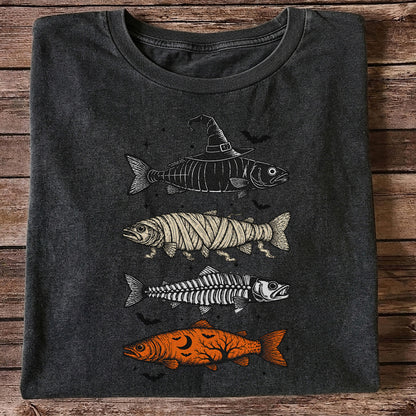 Halloween Witch Mummy Skeleton and Pumpkin Fish Graphic T-Shirt