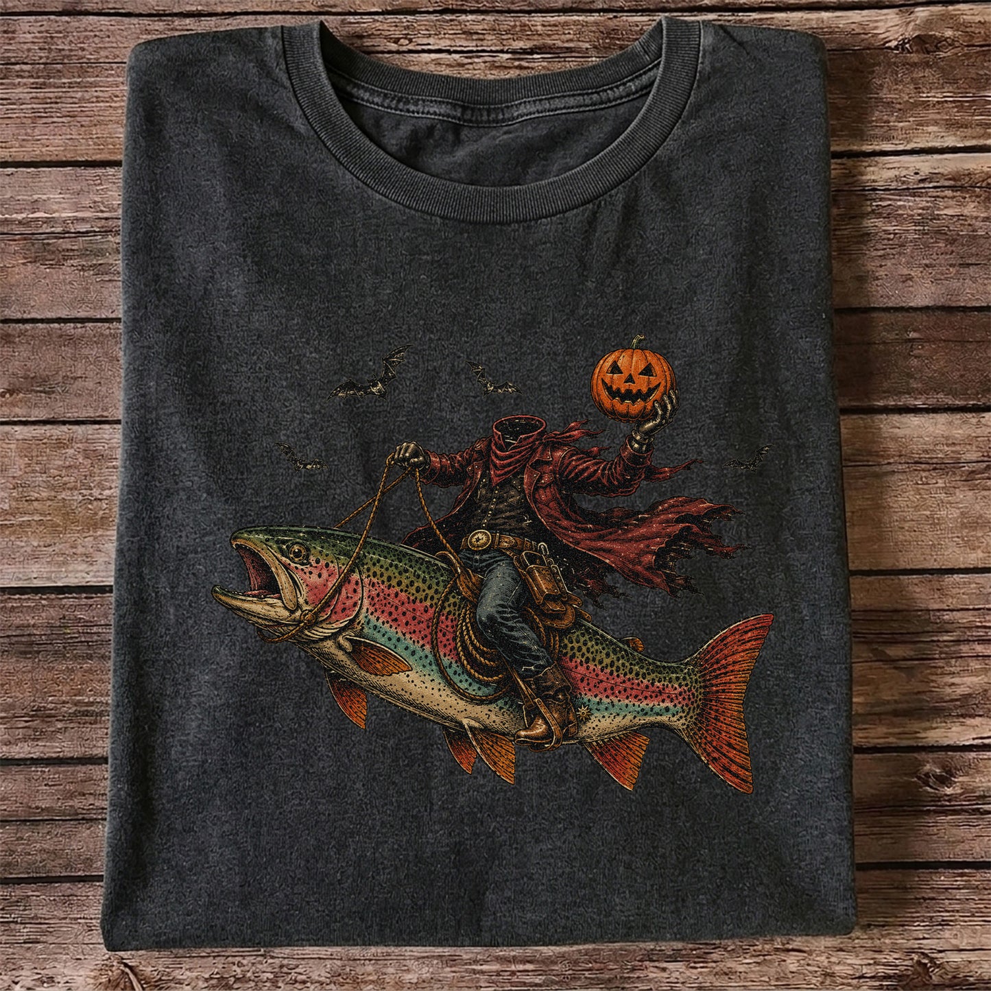 Halloween Cowboy Trout Fishing T-Shirt Pumpkin Fishing Tee