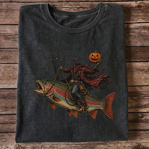 Halloween Cowboy Trout Fishing T-Shirt Pumpkin Fishing Tee
