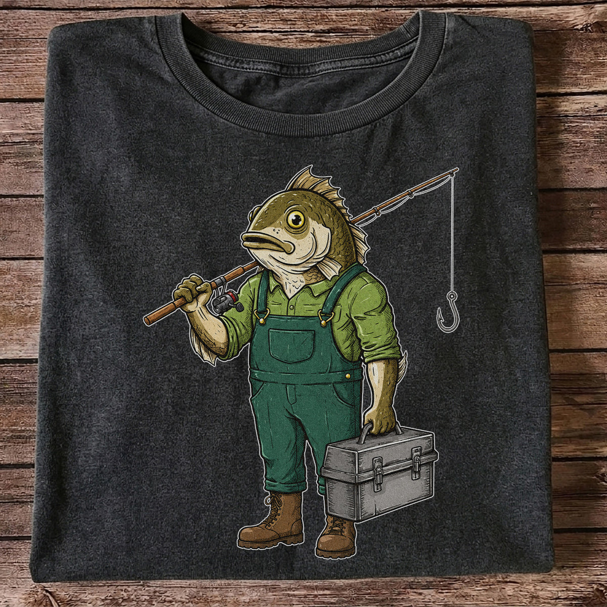 Funny Bass Fisherman Carrying Tackle Box Graphic T-Shirt
