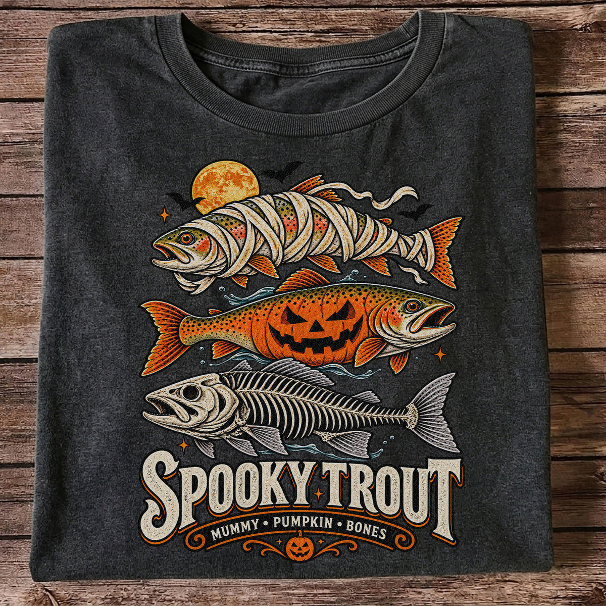 Spooky Trout Mummy Pumpkin Bones Halloween Fishing T-Shirt