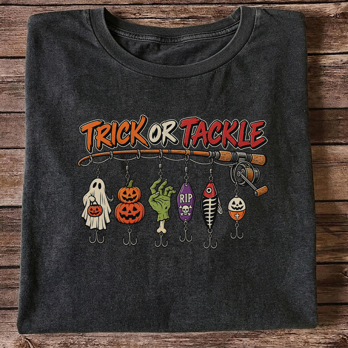 Trick or Tackle Halloween Ghost and Pumpkin Fishing Lures T-Shirt