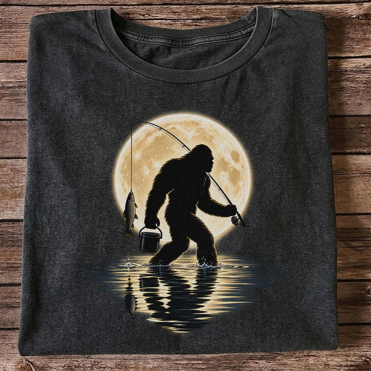 Bigfoot Fishing Under a Full Moon Graphic T-Shirt