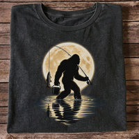 Bigfoot Fishing Under a Full Moon Graphic T-Shirt