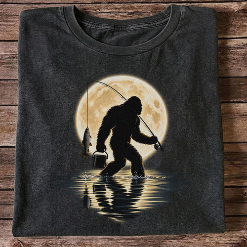 Bigfoot Fishing Under a Full Moon Graphic T-Shirt
