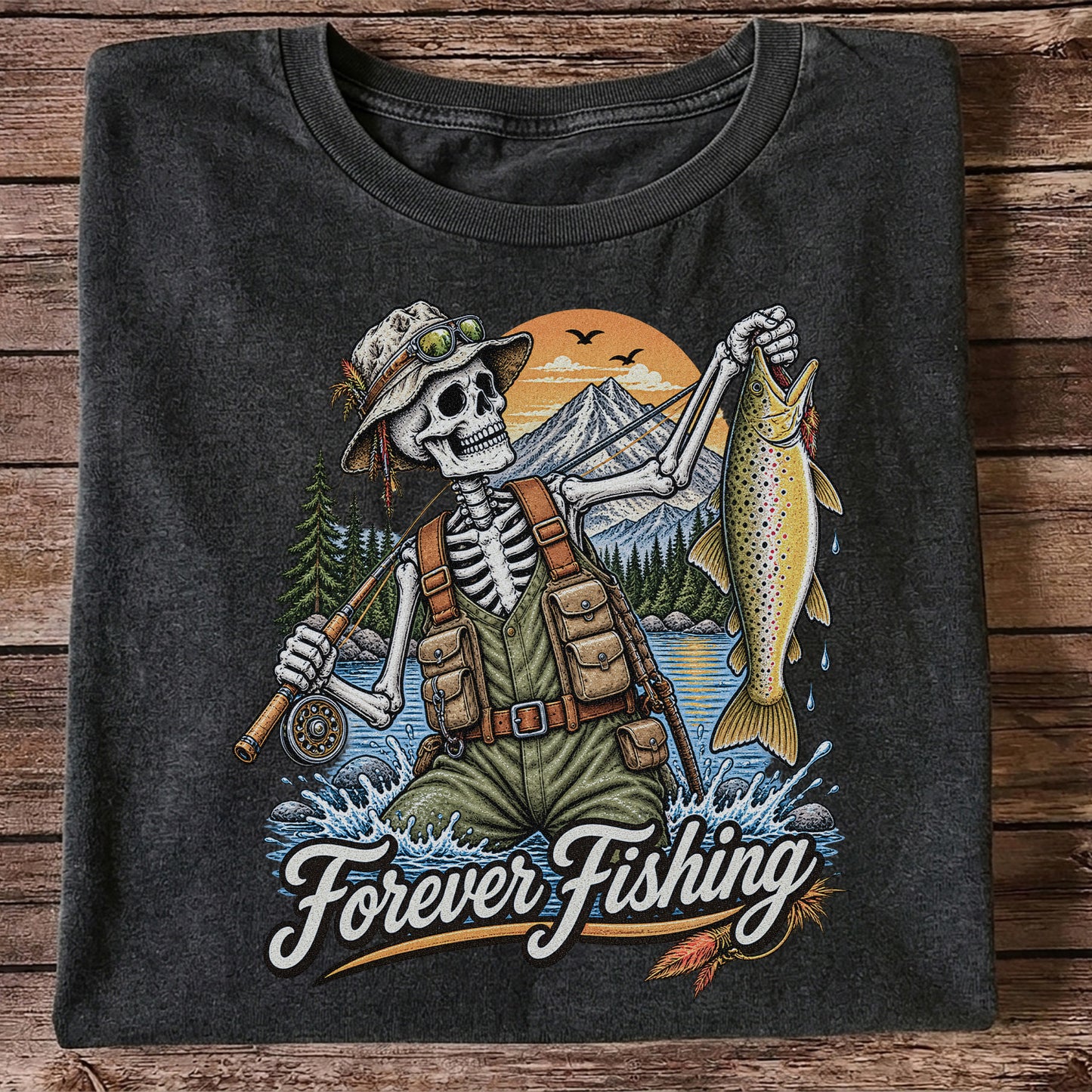 Forever Fishing Skeleton Angler Holding Brown Trout Graphic T-Shirt