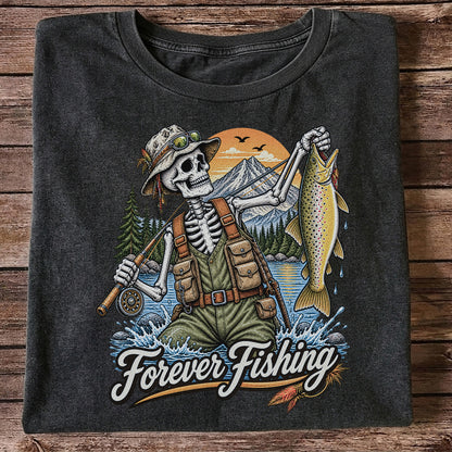 Forever Fishing Skeleton Angler Holding Brown Trout Graphic T-Shirt