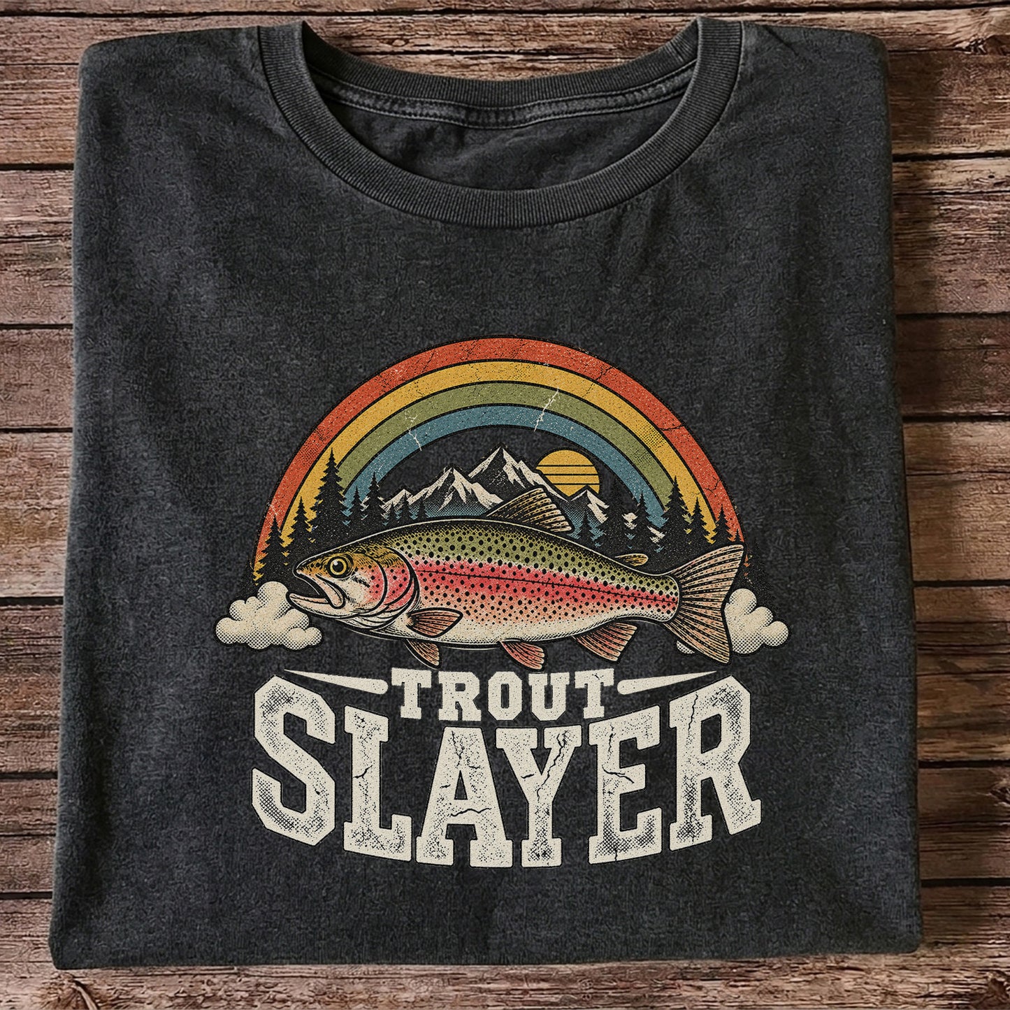 Trout Slayer Rainbow Trout Mountain Sunset Fishing T-Shirt