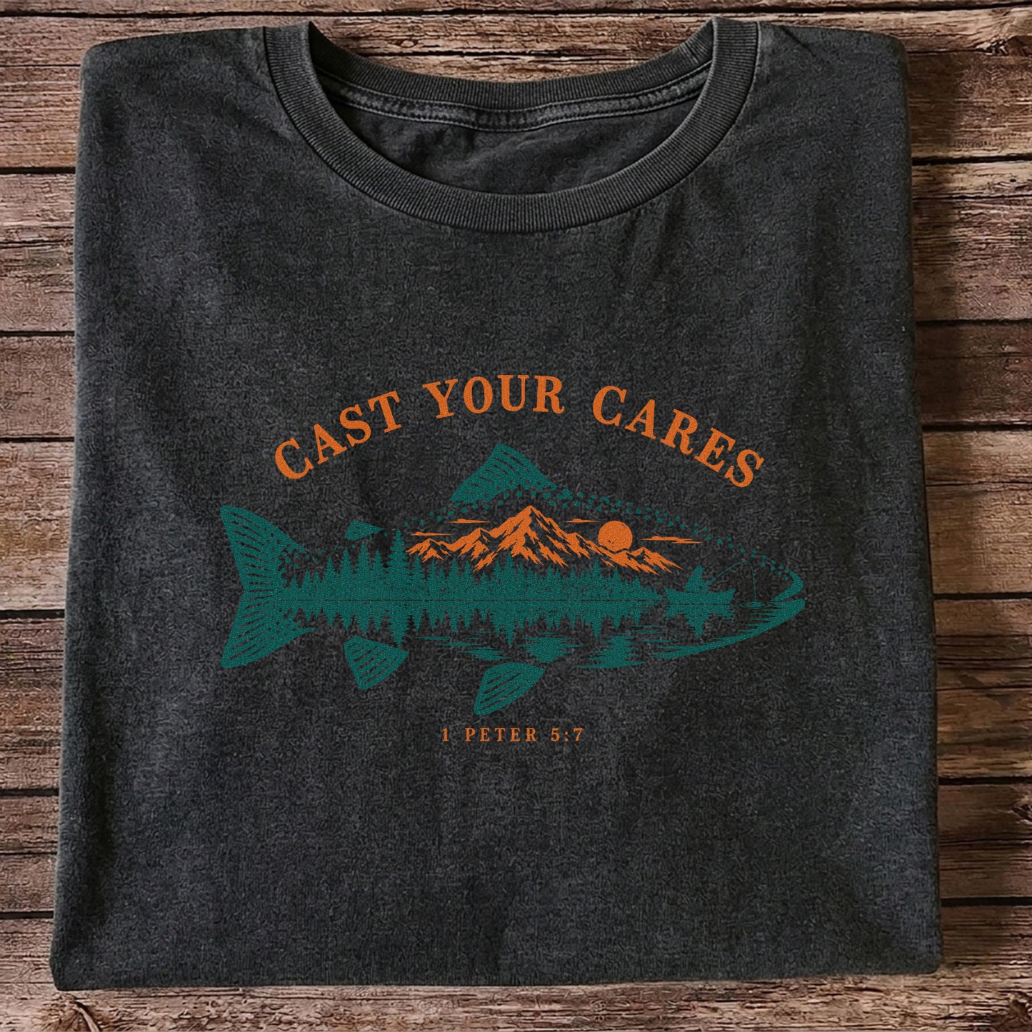 Cast Your Cares 1 Peter 5:7 Fish Silhouette Mountain Lake Fishing T-Shirt