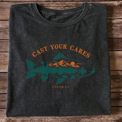 Cast Your Cares 1 Peter 5:7 Fish Silhouette Mountain Lake Fishing T-Shirt