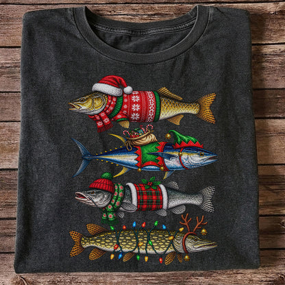 Christmas Fish in Festive Sweaters Fishing Graphic T-Shirt
