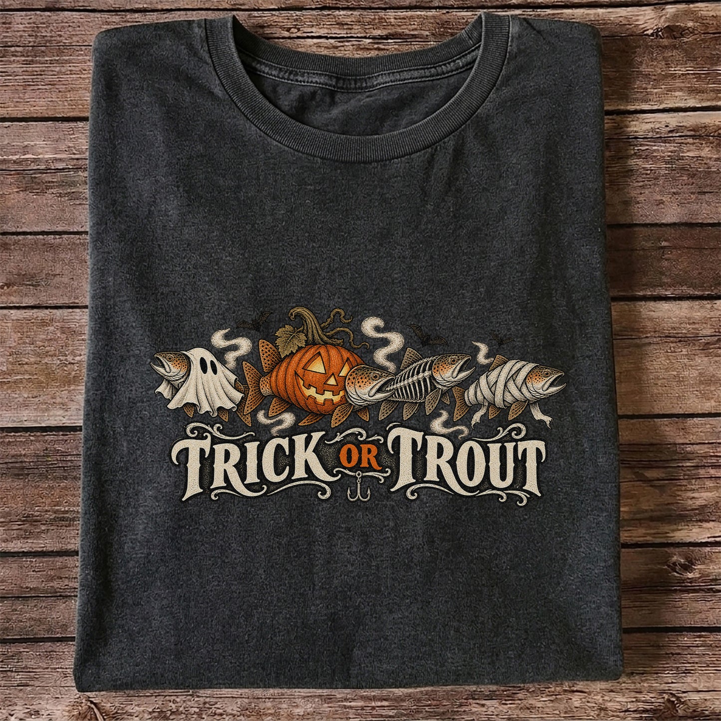 Trick or Trout Halloween Fish Lineup Fishing T-Shirt