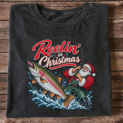 Reelin' in Christmas Santa Rainbow Trout Fishing T-Shirt