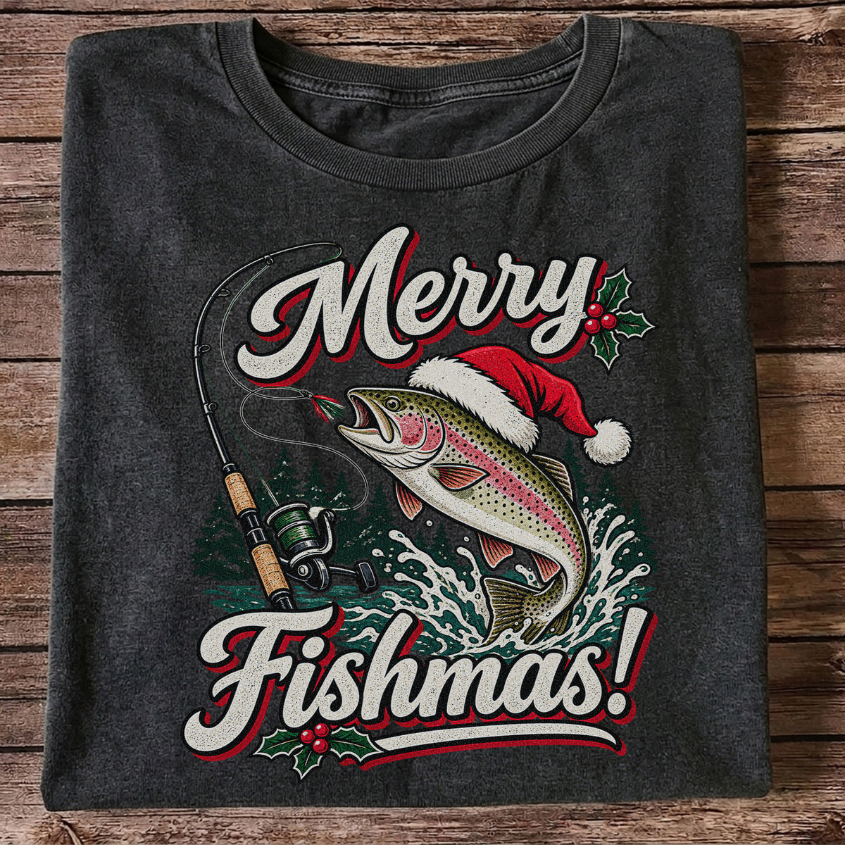 Merry Fishmas Rainbow Trout in Santa Hat Christmas Fishing T-Shirt, Trout Fishing