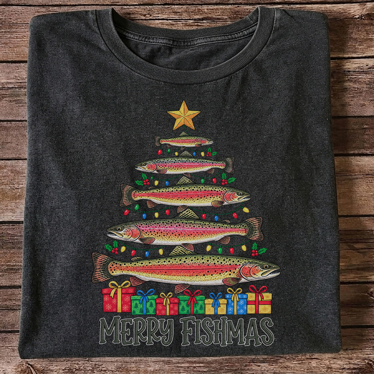 Rainbow Trout Christmas Tree Fishing Graphic T-Shirt