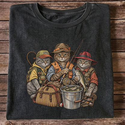 Three Fishing Cats with Rod and Catch Vintage Graphic T-Shirt
