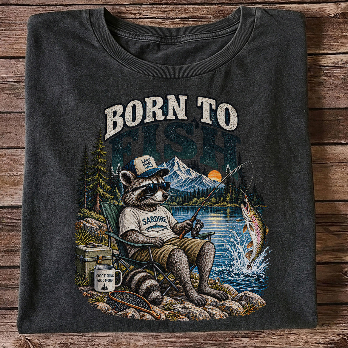 Born to Fish Raccoon in Sunglasses Lake Fishing T-Shirt