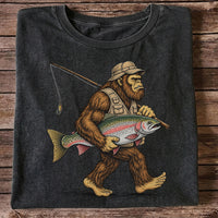 Bigfoot Holding Rainbow Trout Vintage Fishing Graphic T-Shirt