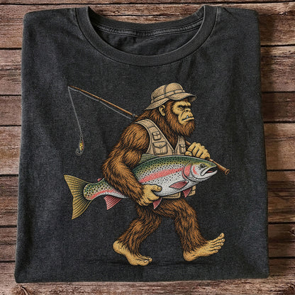 Bigfoot Holding Rainbow Trout Vintage Fishing Graphic T-Shirt