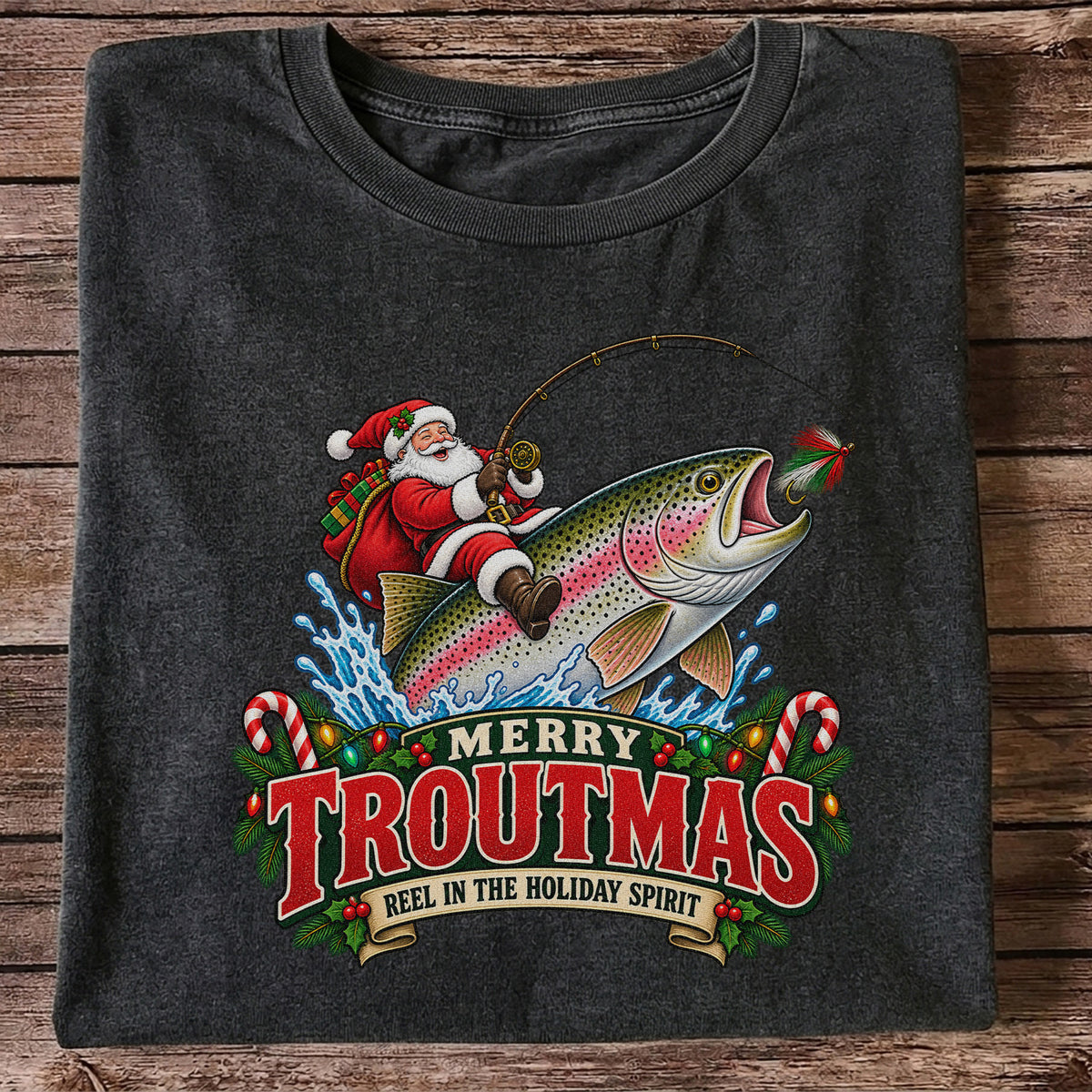 Merry Troutmas Reel in the Holiday Spirit Santa Riding Rainbow Trout Christmas Fishing T-Shirt