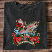 Merry Troutmas Reel in the Holiday Spirit Santa Riding Rainbow Trout Christmas Fishing T-Shirt