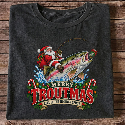 Merry Troutmas Reel in the Holiday Spirit Santa Riding Rainbow Trout Christmas Fishing T-Shirt
