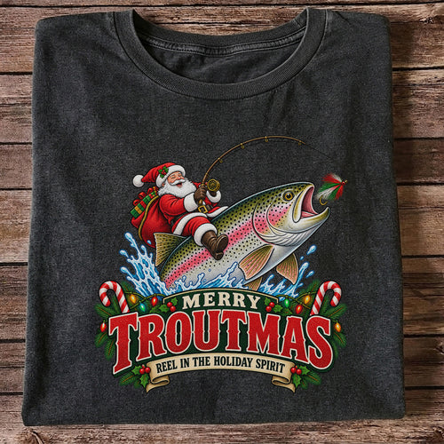 Merry Troutmas Reel in the Holiday Spirit Santa Riding Rainbow Trout Christmas Fishing T-Shirt