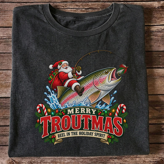Merry Troutmas Reel in the Holiday Spirit Santa Riding Rainbow Trout Christmas Fishing T-Shirt