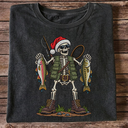 Santa Hat Skeleton Holding Trout and Bass Christmas Fishing T-Shirt