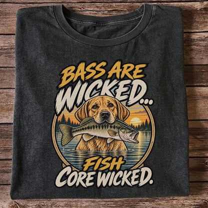 Bass Are Wicked Fish Core Wicked Dog Holding Bass Fishing T-Shirt
