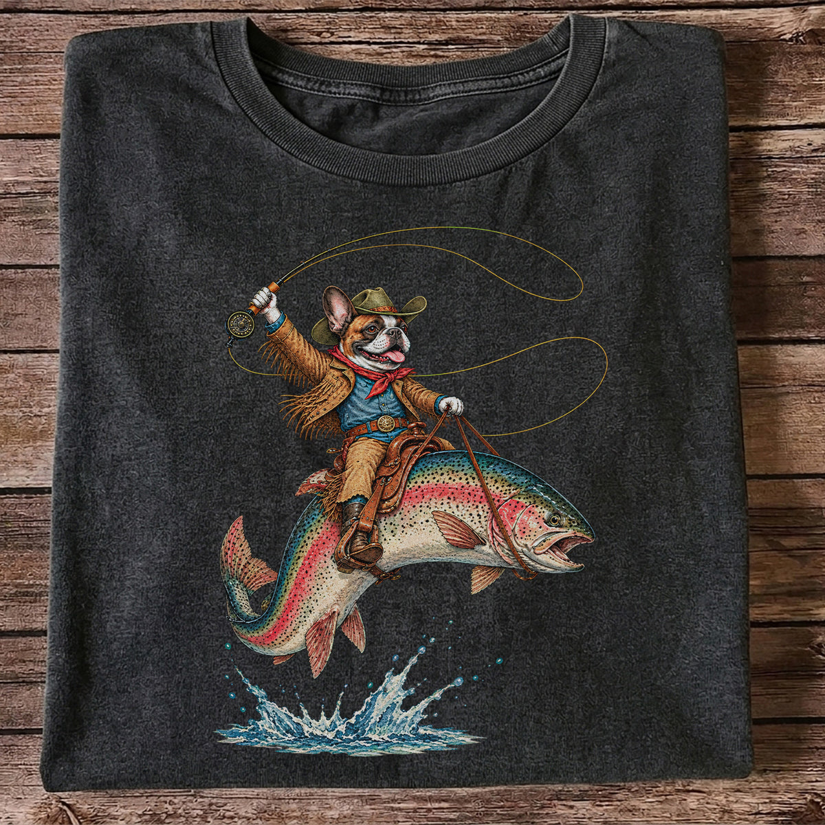 Cowboy French Bulldog Riding a Rainbow Trout Fishing T-Shirt