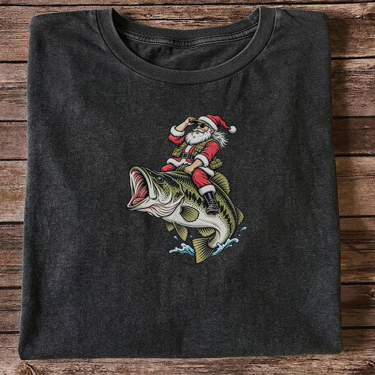 Santa Riding Largemouth Bass Christmas Fishing Graphic T-Shirt