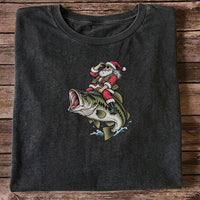 Santa Riding Largemouth Bass Christmas Fishing Graphic T-Shirt