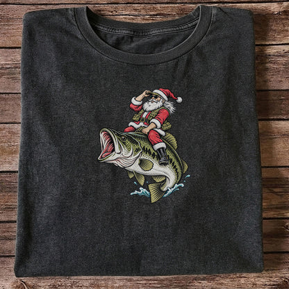 Santa Riding Largemouth Bass Christmas Fishing Graphic T-Shirt