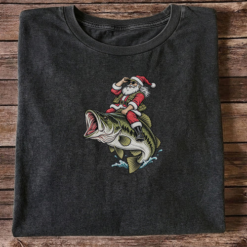 Santa Riding Largemouth Bass Christmas Fishing Graphic T-Shirt
