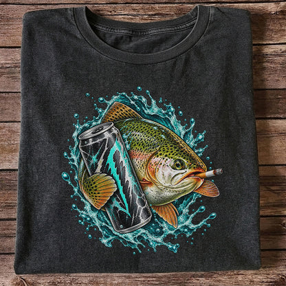 Rainbow Trout with Cigarette and Energy Drink Fishing T-Shirt