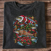 Santa and Gingerbread Trout Christmas Fishing Graphic T-Shirt