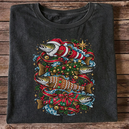 Santa and Gingerbread Trout Christmas Fishing Graphic T-Shirt