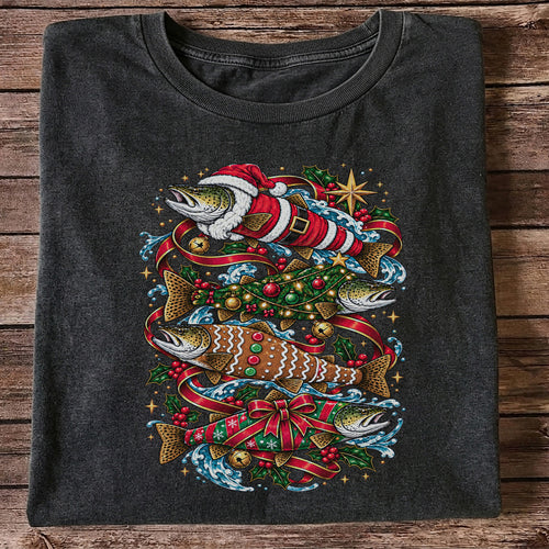 Santa and Gingerbread Trout Christmas Fishing Graphic T-Shirt