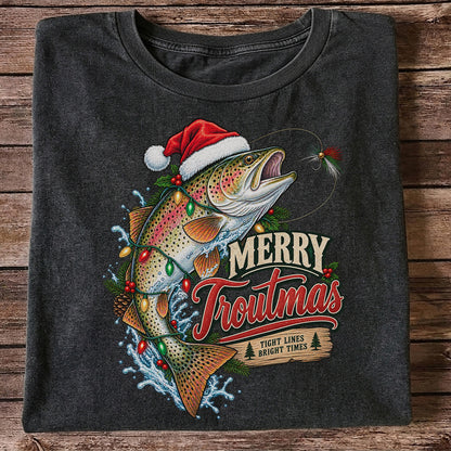 Merry Troutmas Tight Lines Bright Times Santa Hat Rainbow Trout Fishing T-Shirt