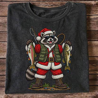 Santa Raccoon Holding Trout and Bass Christmas Fishing T-Shirt