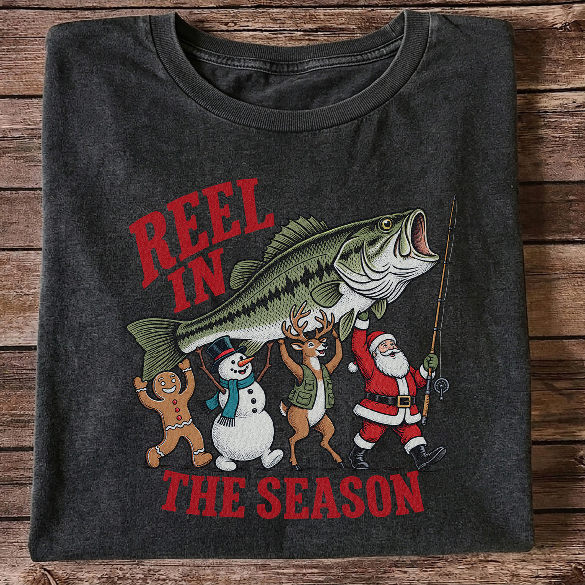 Reel in the Season Bass Christmas Fishing Graphic T-Shirt