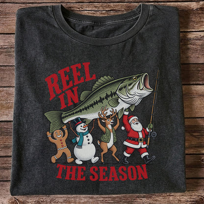 Reel in the Season Bass Christmas Fishing Graphic T-Shirt