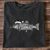 Merry Fishmas Black and White Trout Christmas Fishing T-Shirt