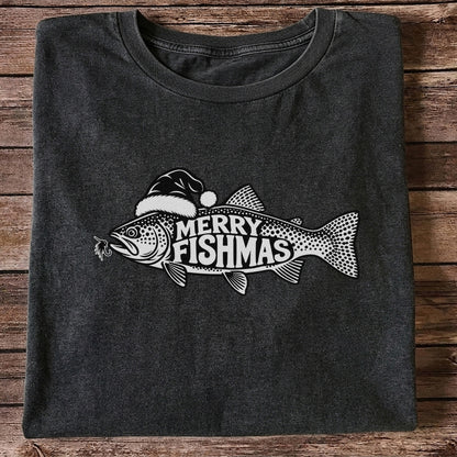 Merry Fishmas Black and White Trout Christmas Fishing T-Shirt