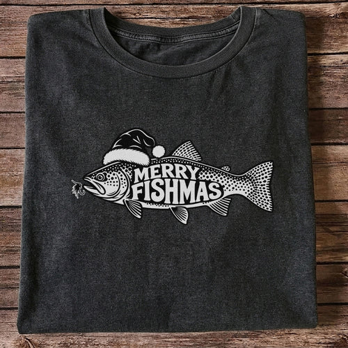 Merry Fishmas Black and White Trout Christmas Fishing T-Shirt